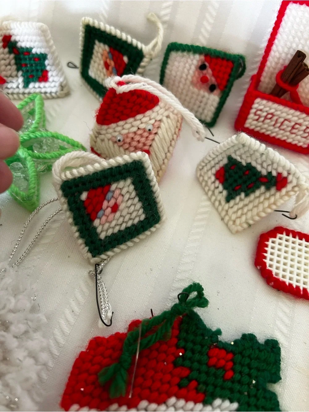 Vintage Plastic Canvas Christmas Ornament Set Santa Elf Angel Spice Box Candle